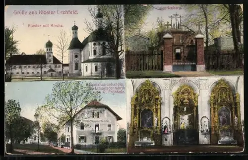 AK Kloster Lechfeld, Kloster mit Kirche, Kolonialwarenhandlg. u. Limonadenfabrik von V. Früholz und Calvarienberg