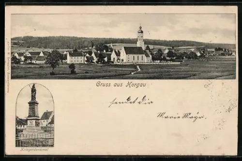 AK Horgau, Teilansicht mit Kirche, Kriegerdenkmal