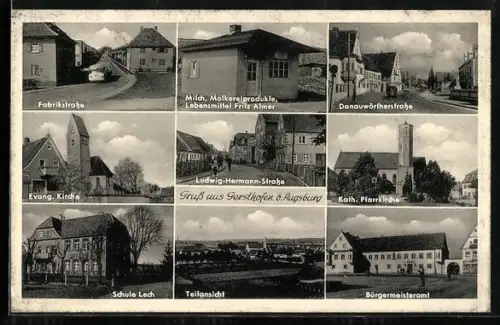 AK Gersthofen b. Augsburg, Lebensmittelgeschäft Fritz Almer, Fabrikstrasse, Katholische Pfarrkirche