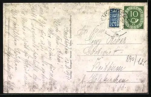 AK Gersthofen b. Augsburg, Lebensmittelgeschäft Fritz Almer, Fabrikstrasse, Katholische Pfarrkirche