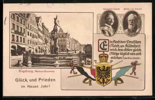 AK Augsburg, Merkur-Brunnen, Deutscher Kaiser, König von Bayern, Neujahrsgruss
