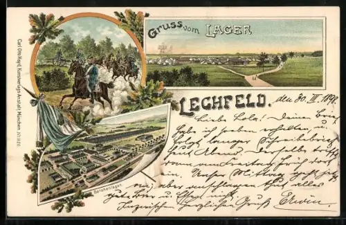 Lithographie Lechfeld, Lager, Baracken, Soldaten zu Pferde
