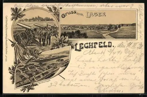Lithographie Lager Lechfeld, Barackenanlagen, Soldaten bei den Kanonen