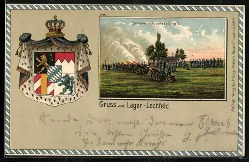 Lithographie Lager-Lechfeld, Batterie in Feuerstellung, Wappen, Passepartout