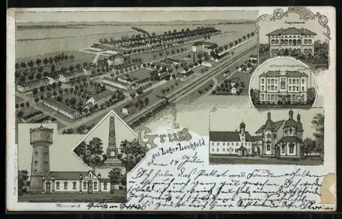 Lithographie Lager Lechfeld, Gesamtansicht, Wasserwerk, Denkmal