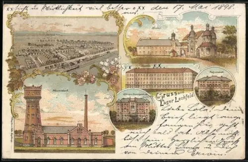 Lithographie Lager-Lechfeld, Wasserwerk, Gesamtansicht, Kloster, Offiziers-Dienstgebäude
