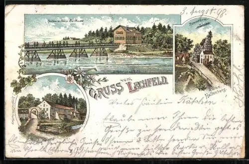 Lithographie Lechfeld, Restaurant zum Zollhaus, Römerturm, Ruine Haltenberg, Oekonomie Haltenberg