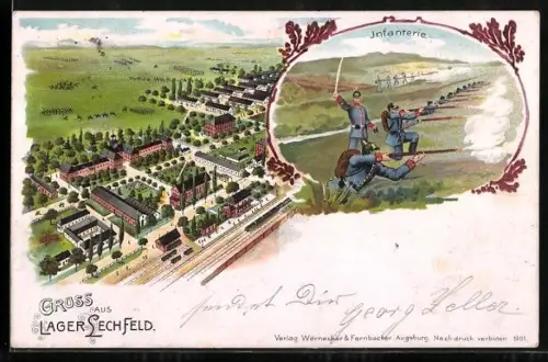 Lithographie Lager Lechfeld, Gesamtansicht, Infanterie beim Schiessen