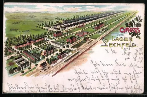 Lithographie Lechfeld, Truppenübungslager aus der Vogelschau m. Eisenbahn & Bahnhof