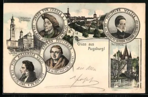 Künstler-AK Eugen Felle: Augsburg, Perlachturm & Rathaus, Konrad Peutinger 1465-1547, Jakob von Fugger d. J., 1559-1525