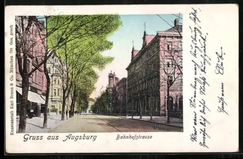 Goldfenster-AK Augsburg, Bahnhofstrasse mit leuchtenden Fenstern