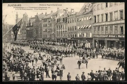 AK Augsburg, Parade auf der mittleren Maximilianstrasse, Geschäfte