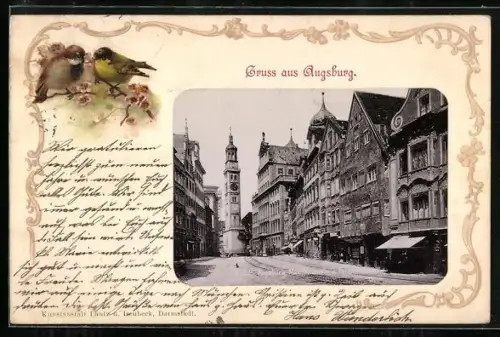 Lithographie Augsburg, Strassenpartie mit Turm, Zwei Vögel auf Zweig, Passepartout