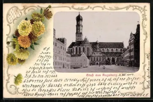 Lithographie Augsburg, St. Ulrichskirche, Crysanthemen, Passepartout