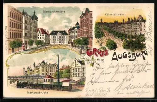 Lithographie Augsburg, Bismarckstrasse, Kaiserstrasse, Bismarckbrücke mit Bahn