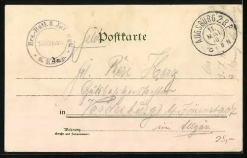 Lithographie Augsburg, Bismarckstrasse, Kaiserstrasse, Bismarckbrücke mit Bahn