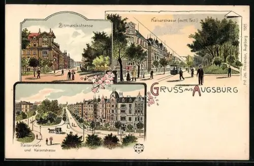 Lithographie Augsburg, Bismarckstrasse, Kaiserstrasse, Kaiserplatz