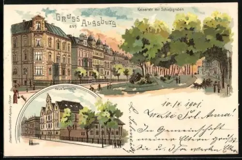 Lithographie Augsburg, Kaiserstrasse mit Schiefsgraben, Neue Turnhalle
