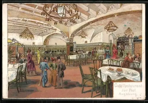 Künstler-AK Augsburg, Cafe-Restaurant zur Post, Innenansicht