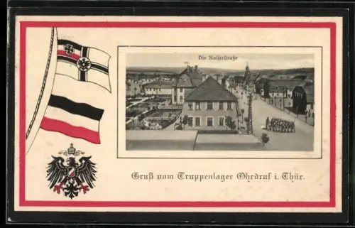 AK Ohrdruf i. Thür., Kaiserstrasse mit Soldaten, Wappen mit Flaggen, Passepartout