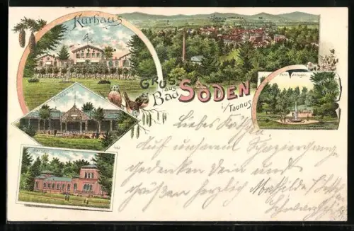 Lithographie Bad Soden i. Taunus, Kurhaus, Trinkhalle, Badhaus