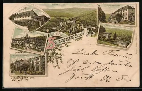 Vorläufer-Lithographie Schlangenbad, 1894, Hotel Nassauer Hof, Oberes Kurhaus, Unteres u. Mittleres Kurhaus