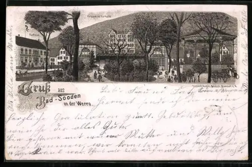 Lithographie Bad-Sooden an der Werra, Kurpark mit Kurhaus und Kurhalle