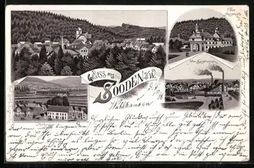 Lithographie Bad Sooden-Allendorf, alter Salzbrunnen, Kurhaus und Ortsansicht