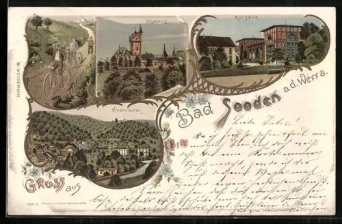 Lithographie Bad Sooden a. d. Werra, Kurhalle, Gilsaburg, Villenviertel