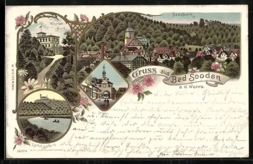 Lithographie Bad Sooden a. d. Werra, Waldgasthaus Westerburg, Badepark, Ludwigstein