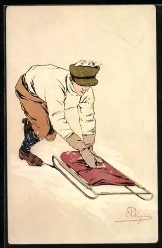 Künstler-AK Carlo Pellegrini: Wintersportler mit seinem Schlitten