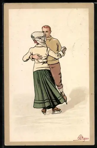 Künstler-AK sign. Pellegrini: Mann und Frau in Schlittschuhen beim Eistanz