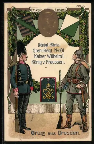 AK Dresden, Soldaten vom Königl. Sächs. Gren.-Rgt. Nr. 101 Kaiser Wilhelm I., König v. Preussen