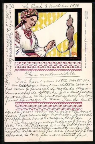 Künstler-AK sign. Wilhelm Wastel: Klöpplerin, Jugendstil