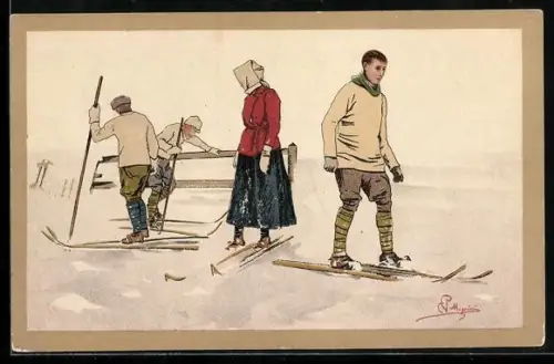 Künstler-AK sign. Pellegrini: Leute auf Skiern stehen im Schnee