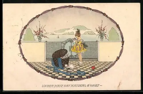 Künstler-AK Mela Köhler: Unser Katz hat Katzerl g`habt, Mädchen und Katze mit Jungen