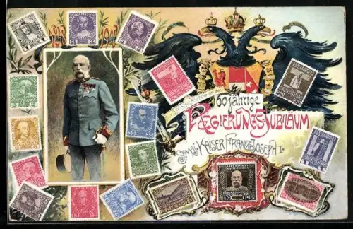 AK 60. jähr. Regierungsjubiläum Kaiser Franz Josef I. von Österreich m. Briefmarken