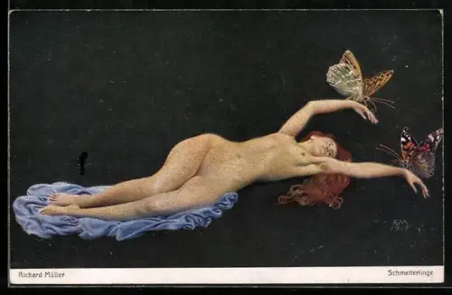 Künstler-AK Richard Müller: Liegender Frauenakt mit Schmetterling