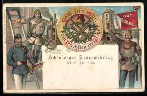 AK Feuerwehrleute mit ihren Gerätschaften, Wappen Gott zur Ehr` dem Nächsten zur Wehr