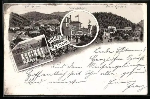 Vorläufer-Lithographie Reinerz, 1895, Hotel schwarzer Bär, Palmen- und Badehaus, Neuer Kurplatz