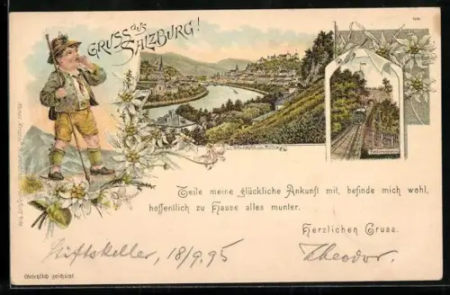 Vorläufer-Lithographie Salzburg, 1895, Panorama und Festungsbahn, Junge in Tracht