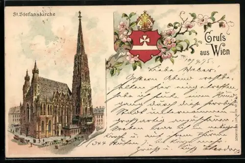 Vorläufer-Lithographie Wien, 1895, St. Stefanskirche und Wappen
