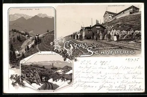 Vorläufer-Lithographie Schafberg, 1895, Bergbahn an der Schafbergspitze, Schafberg Alm