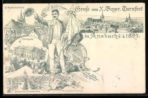 Lithographie Ansbach / Bayern, X. Bayer. Turnfest 1897, Turner, Turnhalle u. Promenade, Ganzsache Bayern