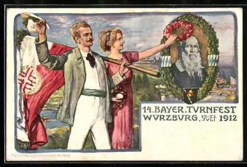 Künstler-AK Würzburg, 14. Bayerisches Turnfest Juli 1912, Porträt von Turnvater Jahn, Fahne, Ganzsache Bayern
