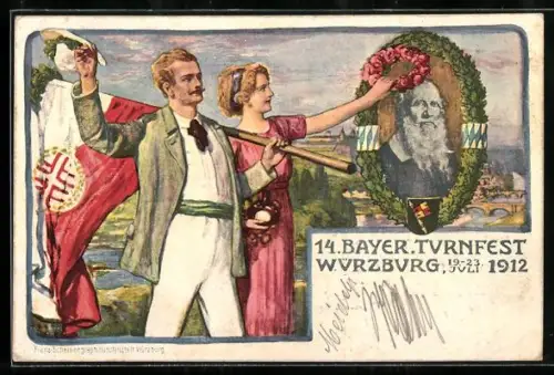 Künstler-AK Würzburg, 14. Bayerisches Turnfest Juli 1912, Turnvater Jahn, Fahne, Ganzsache Bayern
