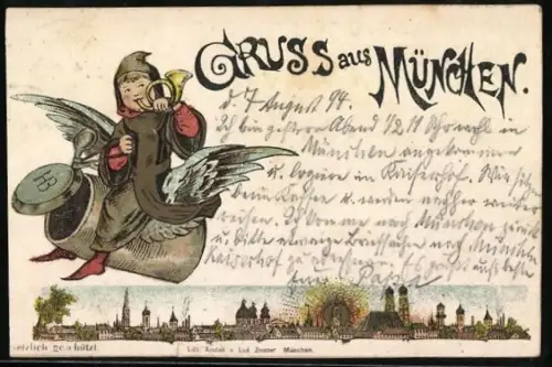 Vorläufer-AK München, 1894, Münchner Kindl fliegt auf einem Bierkrug über die Stadt