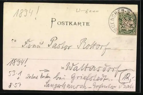 Vorläufer-AK München, 1894, Münchner Kindl fliegt auf einem Bierkrug über die Stadt