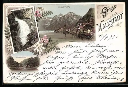 Vorläufer-Lithographie Hallstatt, 1895, Gosaumühle, Waldbachstrub und Ortsansicht