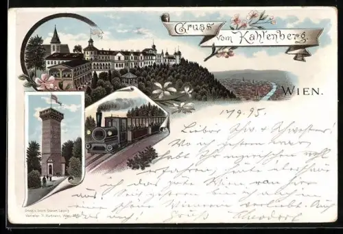 Vorläufer-Lithographie Wien, 1895, Hotel auf dem Kahlenberg, Aussichtsturm und Eisenbahn